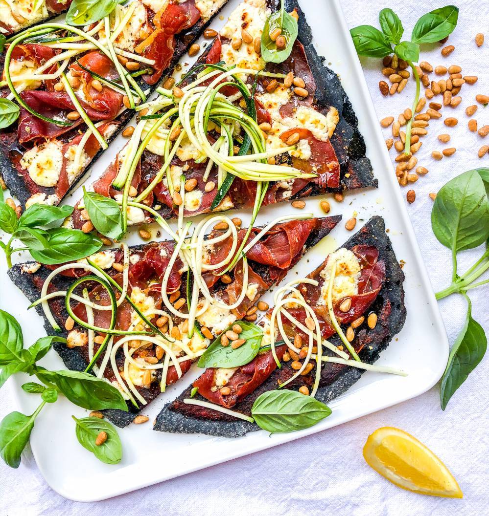 Zucchini, Prosciutto & Goats Cheese Pizza on Charcoal Spelt Base | The Source Bulk Foods