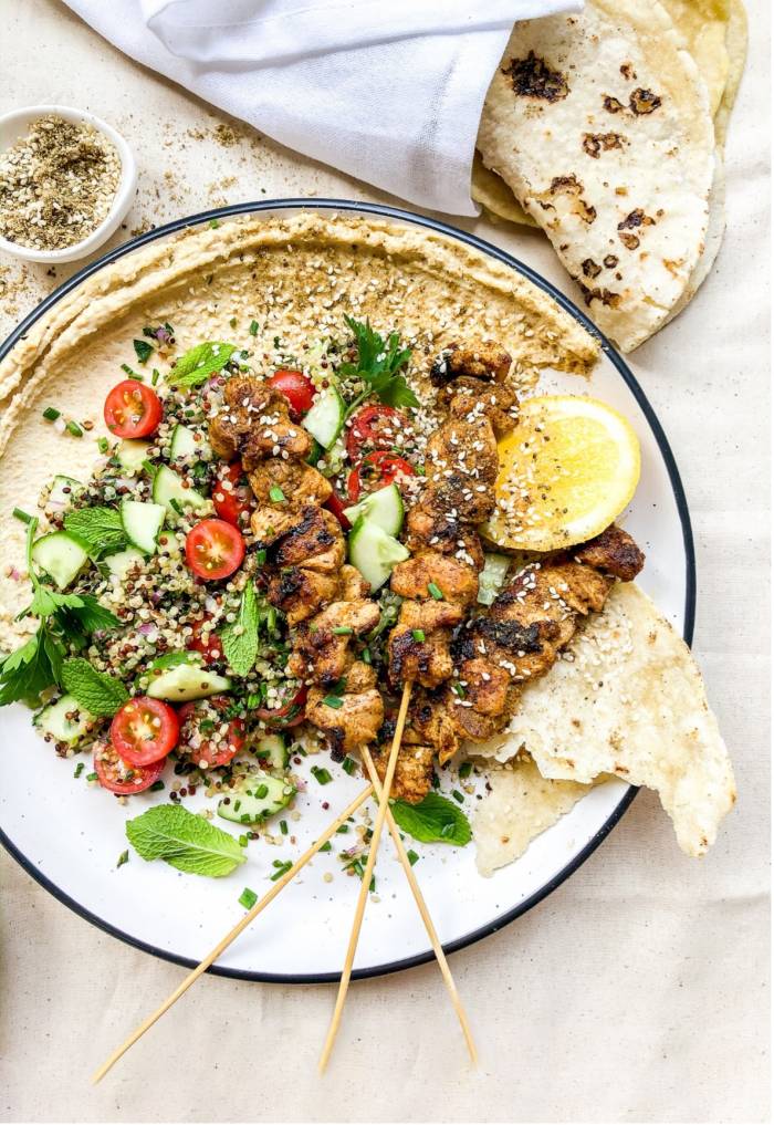 Chicken Skewers with Quinoa Tabbouleh, Hummus and Flatbreads | The ...